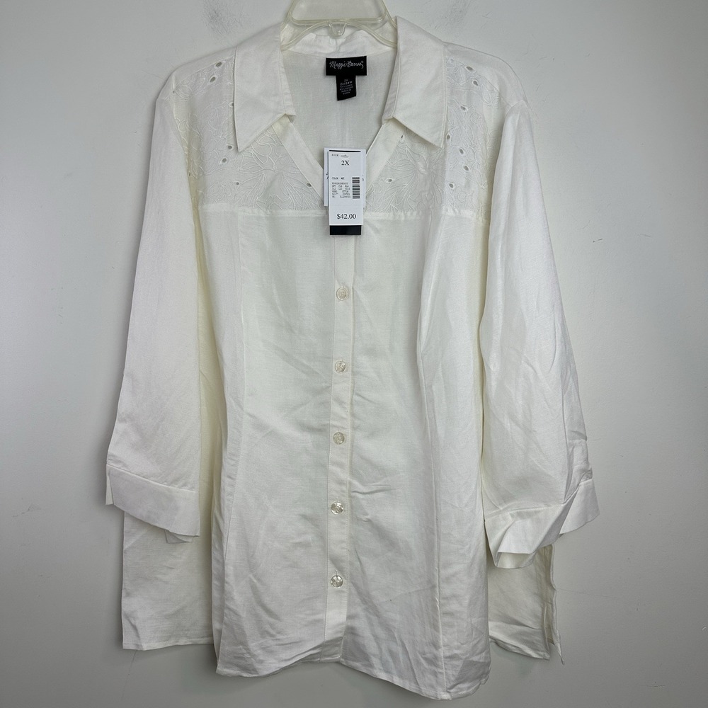 Maggie Barnes Linen Blend Button Up Shirt Lace Floral 3/4 Sleeve Sz 2X White NWT